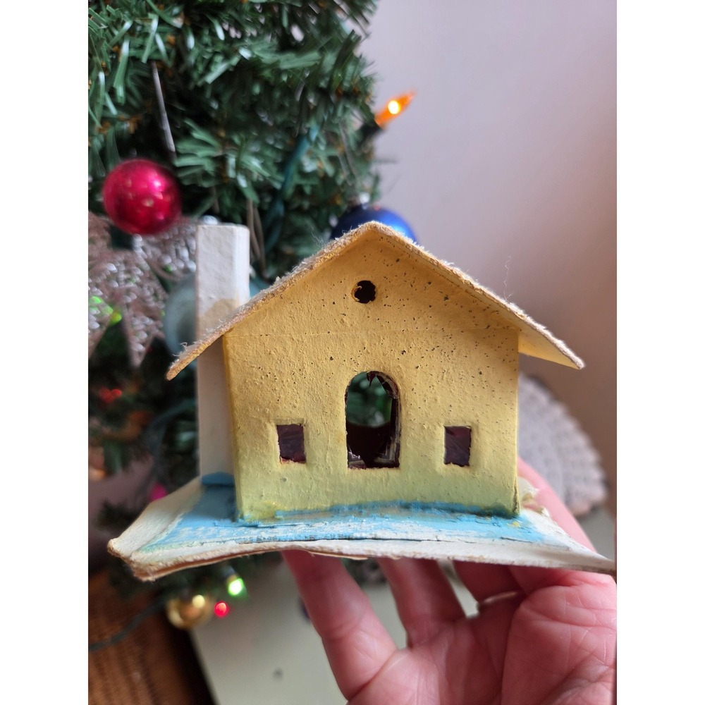 Vintage Christmas Putz House Mica Glitter Cardboard Village Chimney